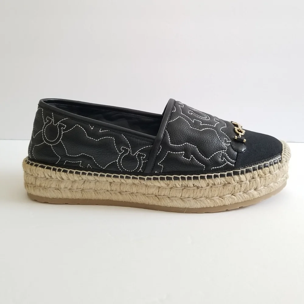 Salvatore Ferragamo Logo Embroidered Leather Platform Espadrilles Size 1… - Picture 3 of 6